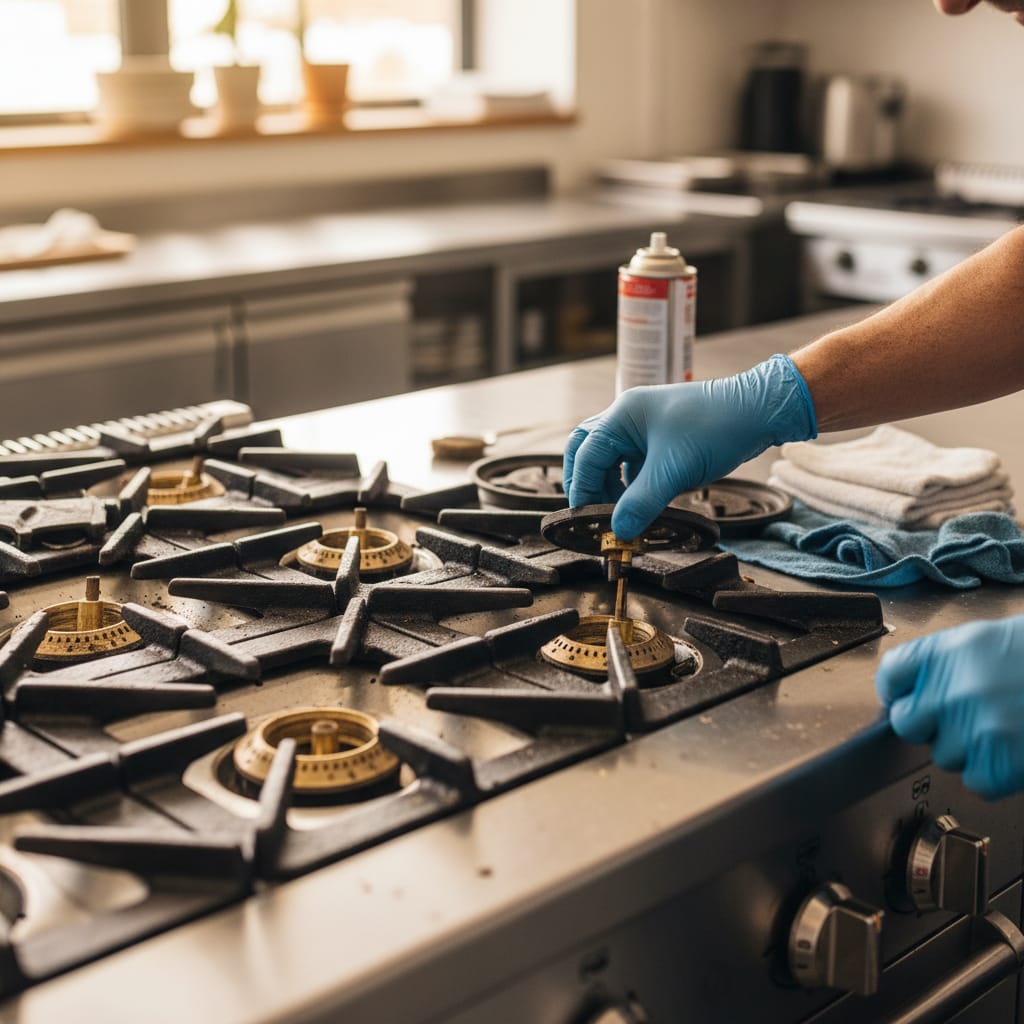 Close-up of a Jenn-Air style downdraft cooktop surface being serviced in a Castle Rock kitchen