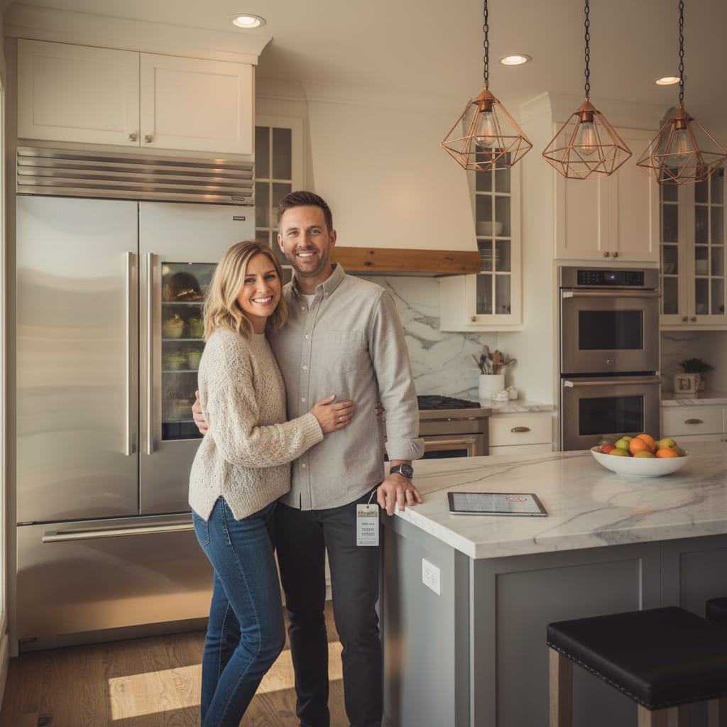Satisfied Castle Rock, CO homeowner beside a repaired built-in luxury refrigerator