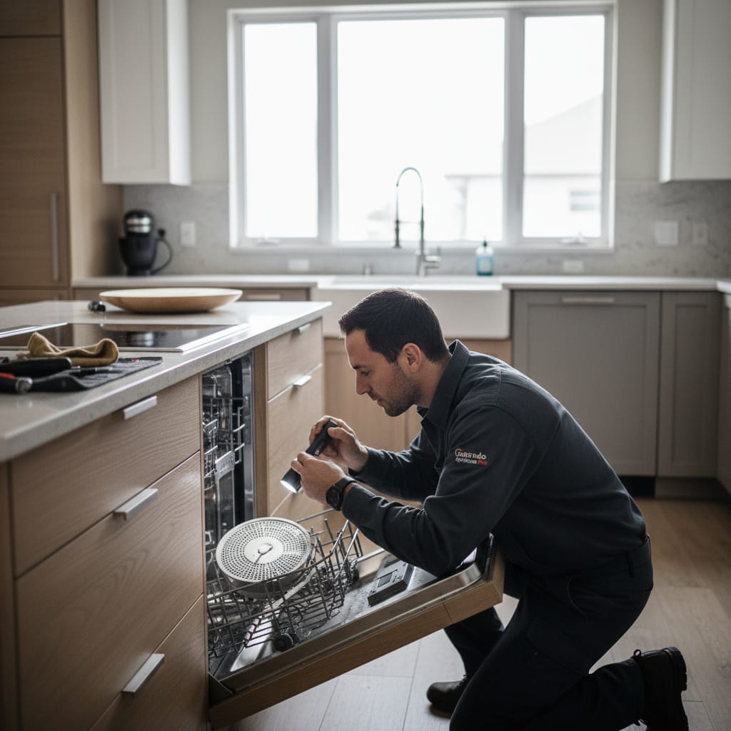 Technician repairing a built-in dishwasher's pump and spray arm in a Red Hawk home, Castle Rock CO