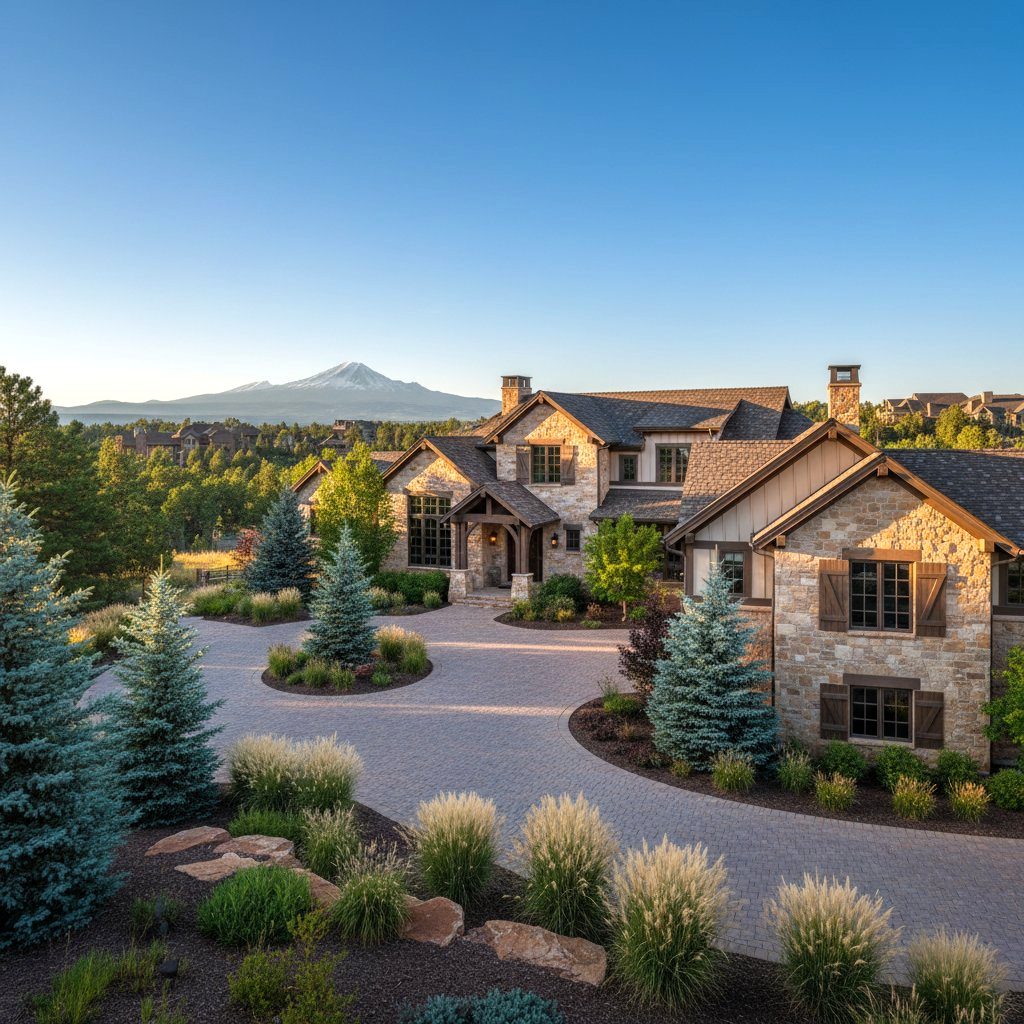 Castle Rock luxury residence at golden hour with rock formation views
