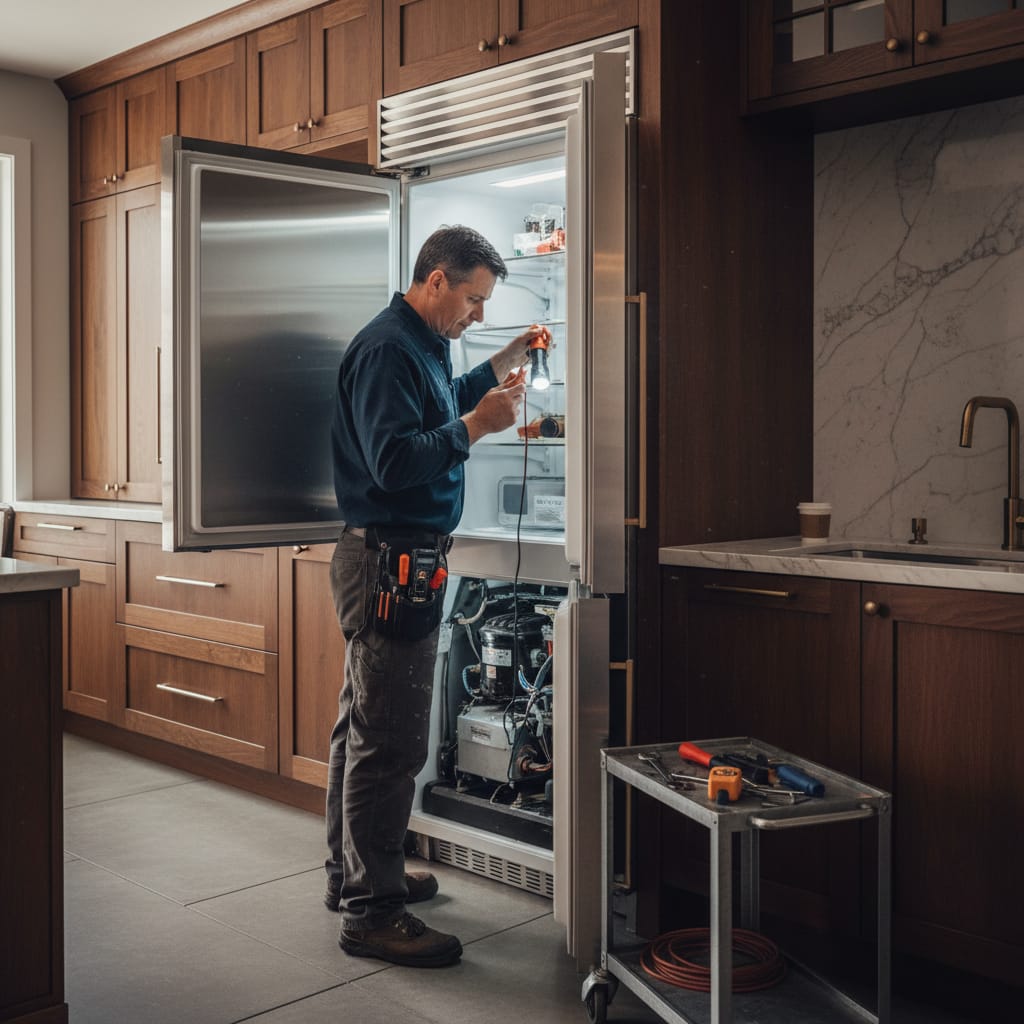 Technician servicing a built-in freezer's defrost system in a Castle Rock, CO home