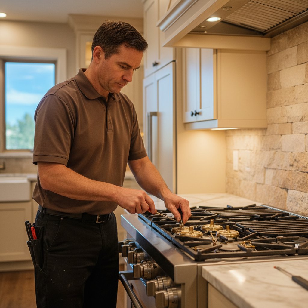 Technician servicing Wolf range in Castle Rock kitchen