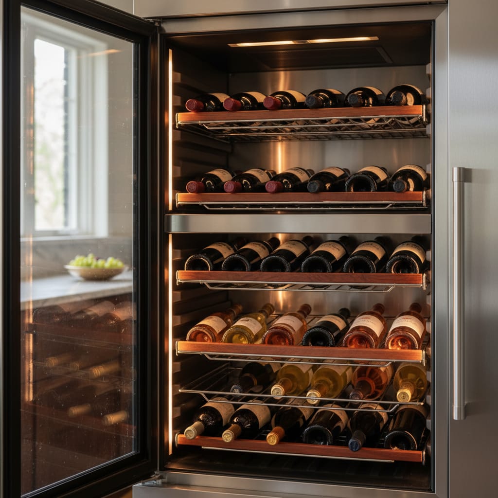 Interior of a dual-zone wine cooler with wooden racks in a Red Hawk home, Castle Rock CO