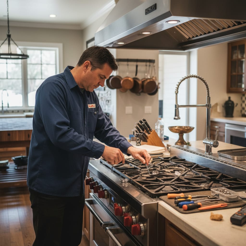 Technician servicing sealed dual-stack range burners in a Red Hawk home, Castle Rock CO